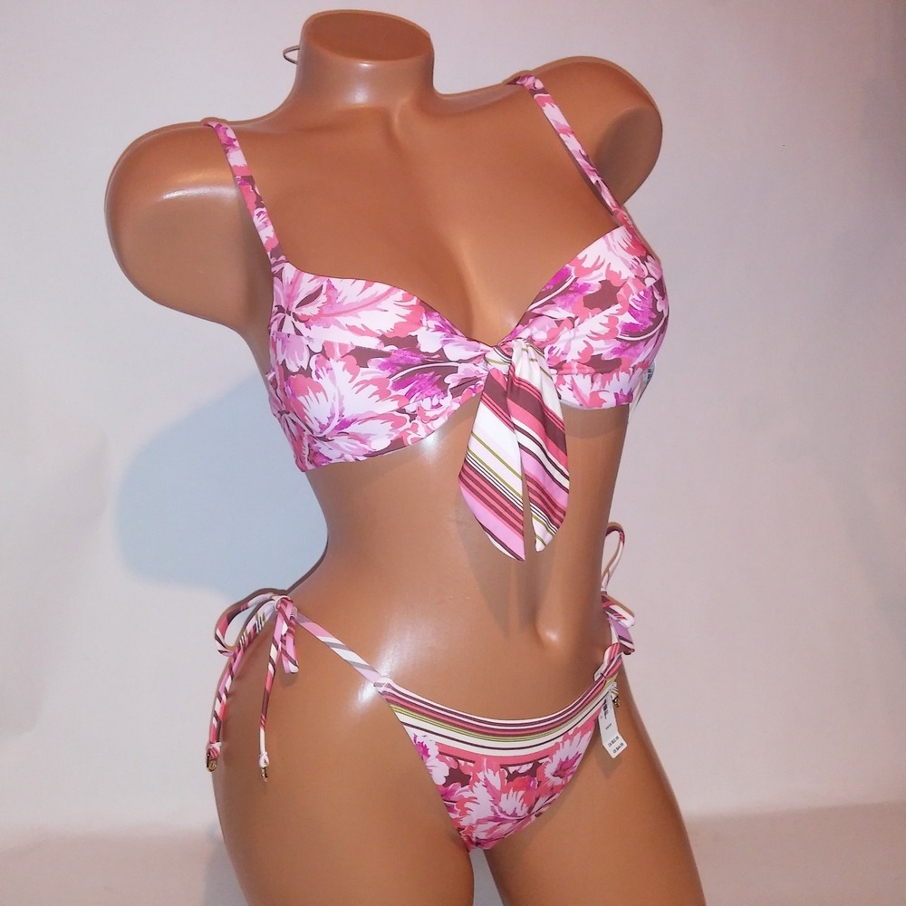 Victoria Secret Swim Bikini 32B Top XS Bottom Pink Floral Push Up Cheeky New